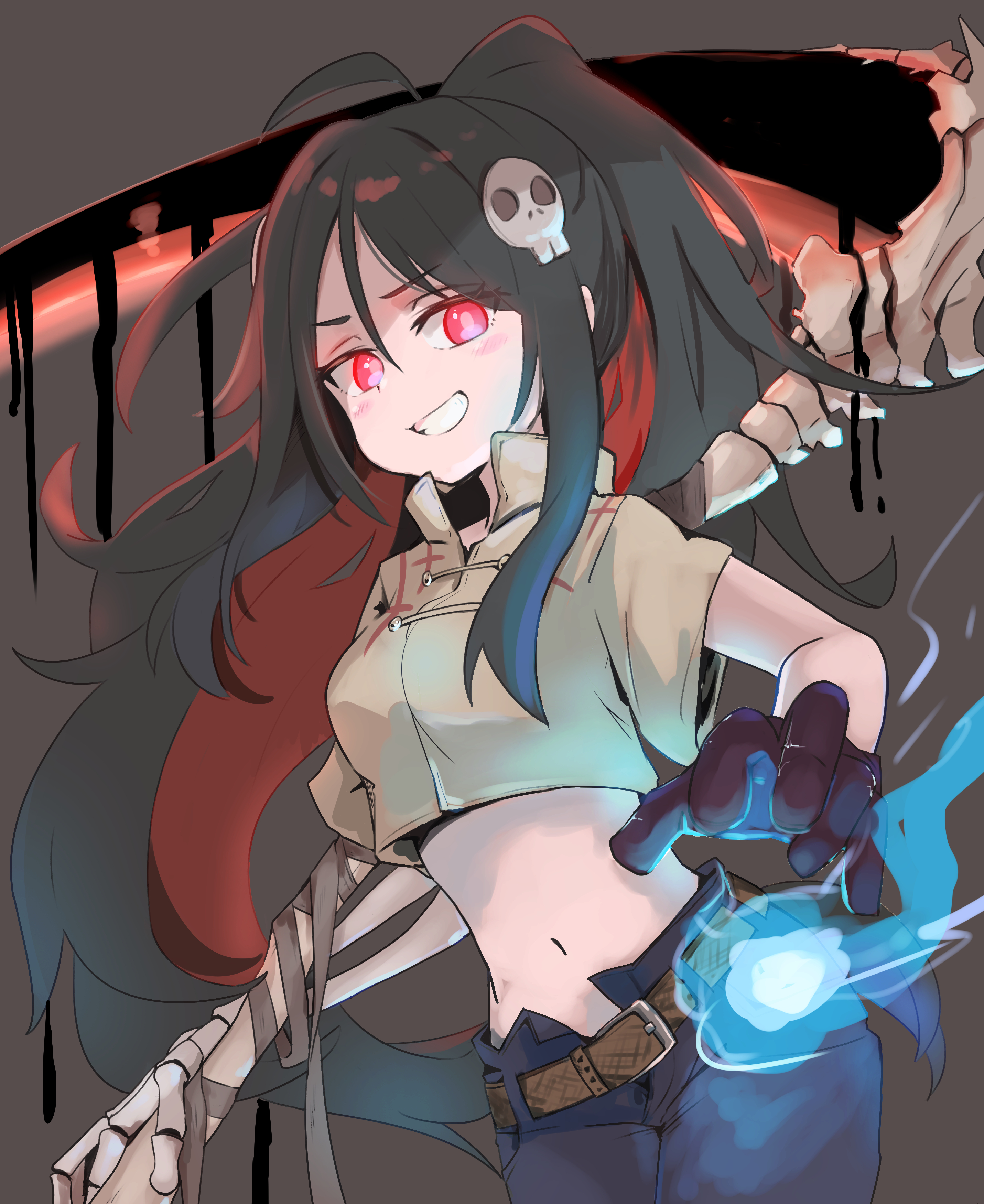 shibainu kisetsu, original, absurdres, commentary request, commission, highres, skeb commission, 1girl, belt, belt buckle, black gloves, black hair, black pants, blush, breasts, brown background, brown belt, brown shirt, buckle, crop top, gloves, grin, hair ornament, hitodama, long hair, looking at viewer, multicolored hair, navel, open fly, pants, red eyes, red hair, shirt, short sleeves, simple background, skeletal arm, skull hair ornament, small breasts, smile, solo, two-tone hair, very long hair, wide sleeves