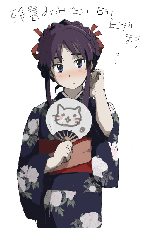 mogumogumogu, hoshimura makina, shikabane hime, bad id, bad pixiv id, 1girl, blue eyes, blush, female focus, hand fan, japanese clothes, kimono, paper fan, purple hair, solo, uchiwa, yukata
