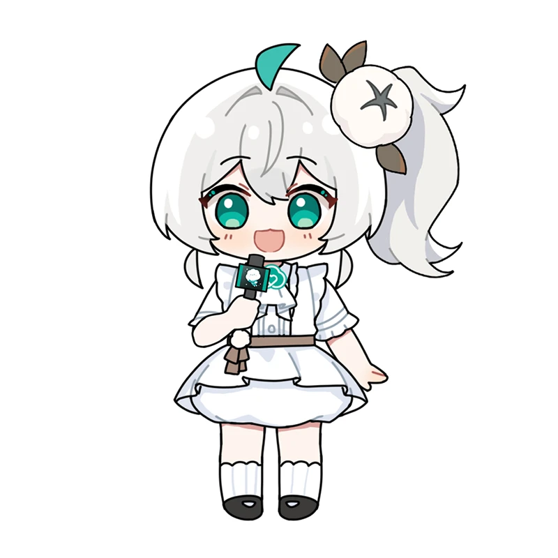 wenxiaomian family, commentary request, 1girl, :3, :d, ahoge, chibi, dress, full body, green eyes, green hair, hair between eyes, hair ornament, holding, holding microphone, long hair, looking at viewer, microphone, multicolored hair, open mouth, quanmian shidai, shoes, short sleeves, side ponytail, simple background, skirt, smile, socks, solo, standing, wen xiaomian, white background, white dress, white hair, white socks