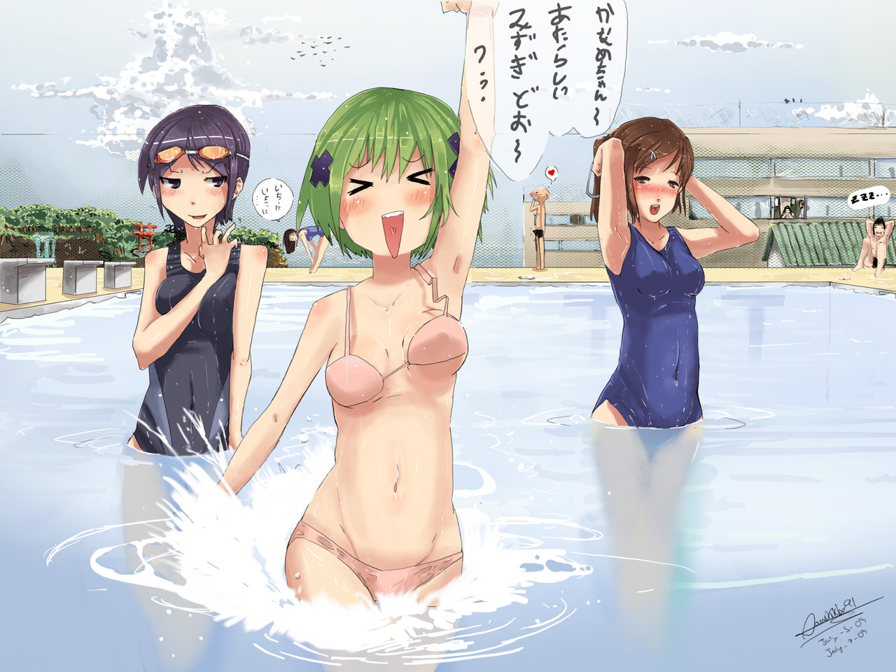 faustsketcher, ninagawa amuro, orizuka momoko, shizuoka mirei, kenkou zenrakei suieibu umishou, translated, > <, 3girls, arm up, armpits, bikini, bouncing breasts, breasts, brown hair, closed eyes, competition swimsuit, covered navel, day, goggles, goggles on head, green hair, hair ornament, medium breasts, multiple girls, navel, one-piece swimsuit, pool, purple hair, signature, starting block, swimsuit, wading, water, x hair ornament