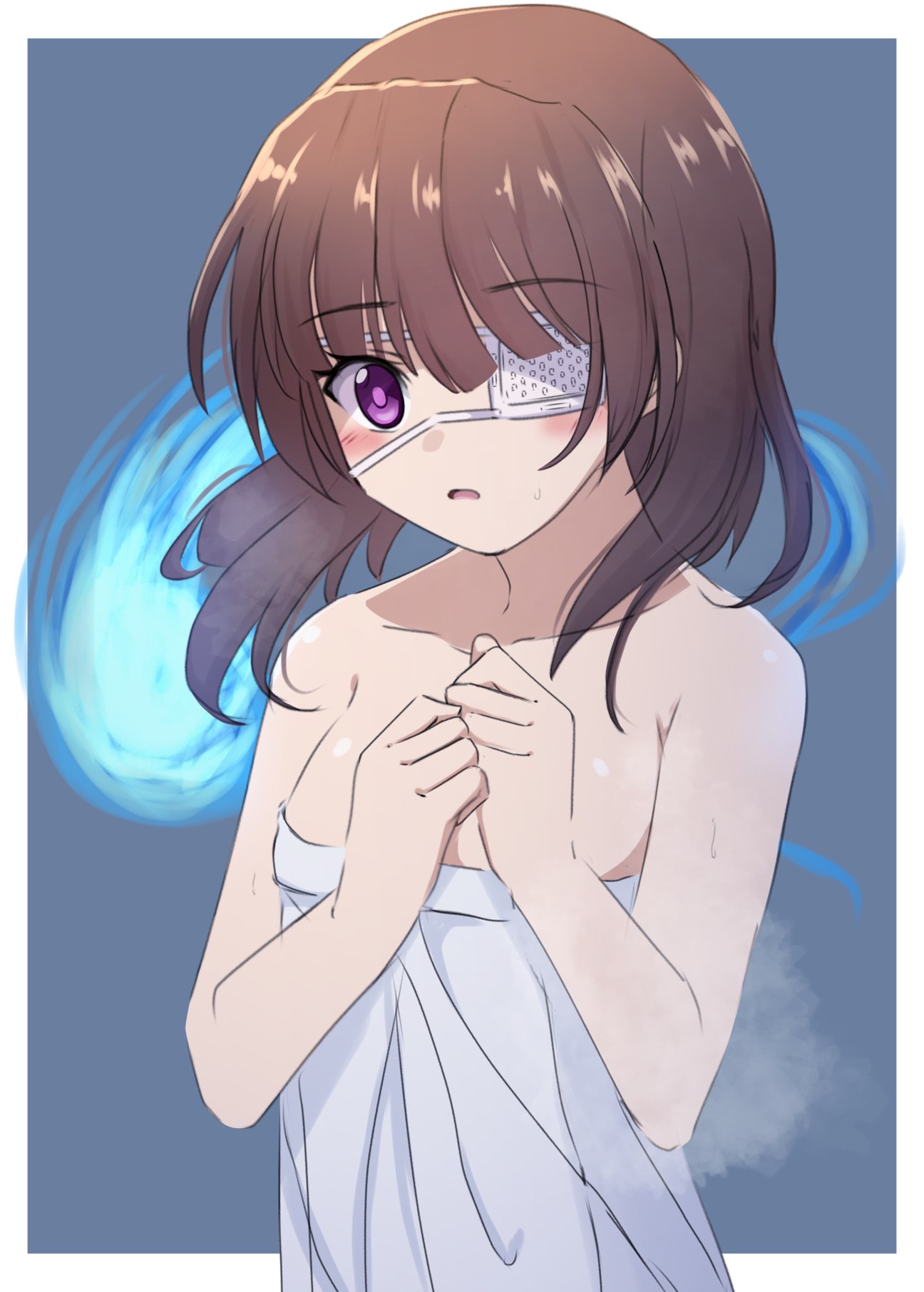 lelie (lelie link), hiiragi kozue, heaven burns red, commentary request, highres, 1girl, after bathing, blunt bangs, blush, border, brown hair, clenched hand, collarbone, eyepatch, eyes visible through hair, floating hair, grey background, hands up, hitodama, looking at viewer, medical eyepatch, medium hair, naked towel, one eye covered, open mouth, outside border, purple eyes, simple background, solo, steam, towel, upper body, wet, white border