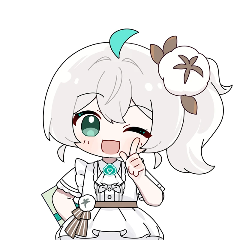 wenxiaomian family, commentary request, 1girl, ahoge, chibi, dress, flower, green eyes, green hair, hair flower, hair ornament, index finger raised, looking at viewer, multicolored hair, one eye closed, open mouth, quanmian shidai, short sleeves, side ponytail, simple background, smile, solo, wen xiaomian, white background, white dress, white flower, white hair