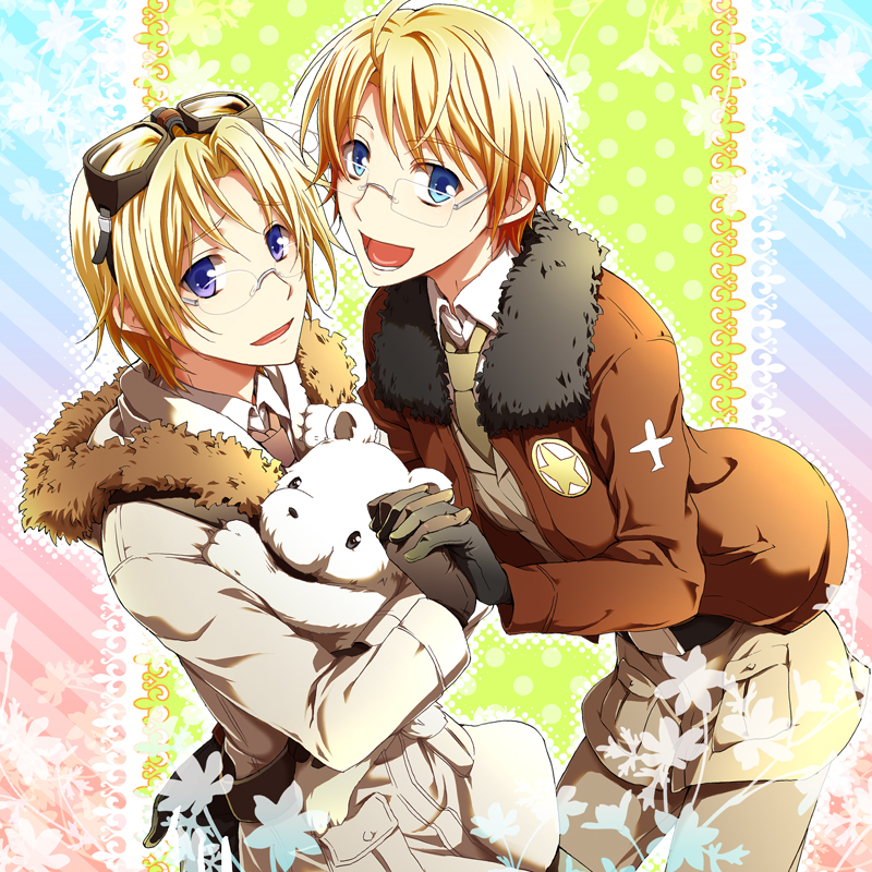 migu, america (hetalia), canada (hetalia), kumajirou (hetalia), axis powers hetalia, fur, bad id, bad pixiv id, 00s, 2boys, bear, belt, blonde hair, blue eyes, bomber jacket, brothers, coat, glasses, gloves, goggles, holding hands, jacket, male focus, multiple boys, necktie, polar bear, short hair, siblings
