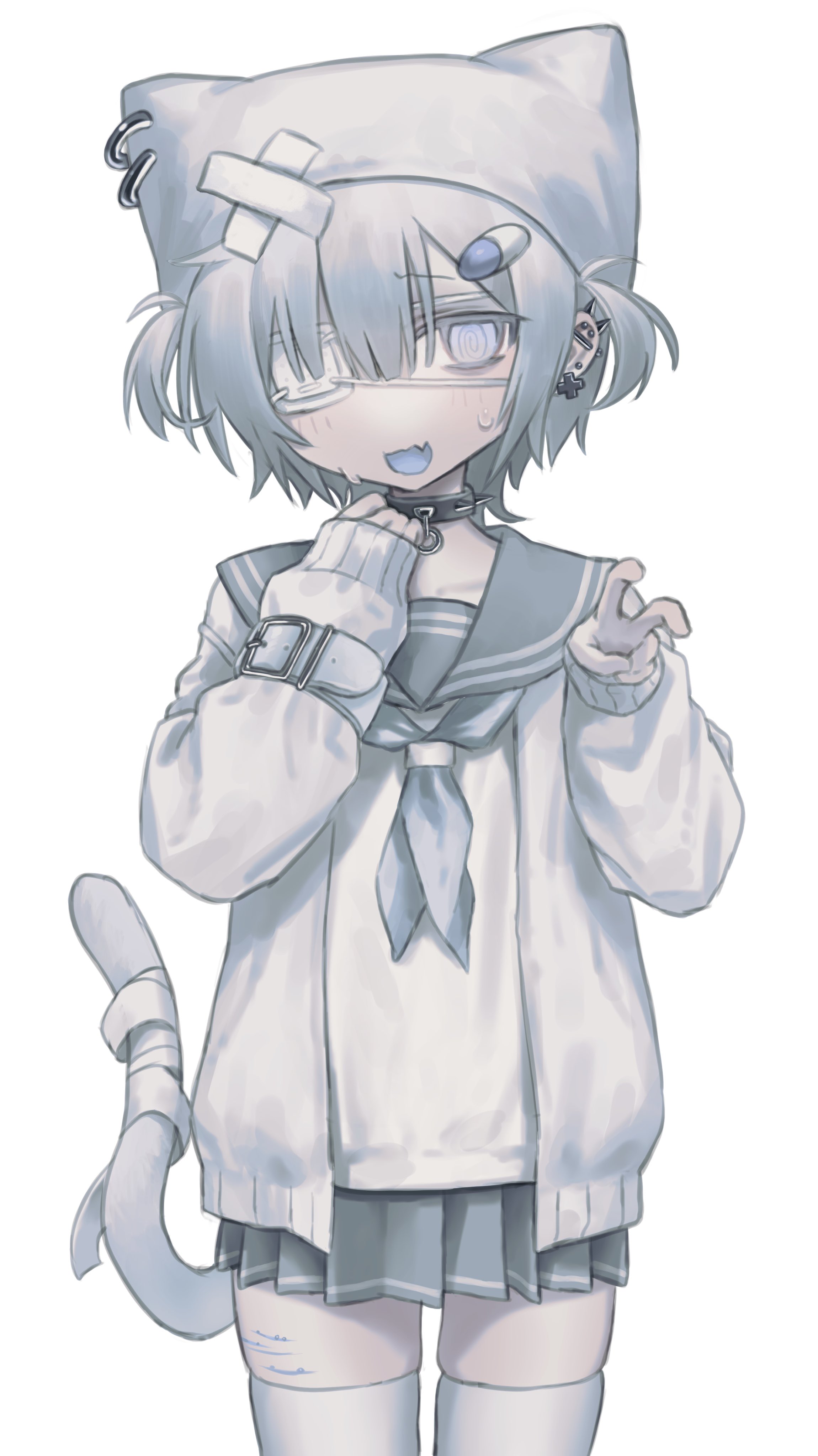 nia (x x02), original, absurdres, highres, 1girl, animal hat, beanie, cat girl, cat hat, cat tail, cowboy shot, eyepatch, fang, grey neckerchief, grey sailor collar, grey skirt, hair ornament, hands up, hat, long sleeves, looking at viewer, miniskirt, neckerchief, open mouth, sailor collar, shirt, short hair, simple background, skin fang, skirt, smile, solo, sweat, tail, thighhighs, two side up, v, white background, white eyes, white hair, white hat, white shirt, white theme, white thighhighs