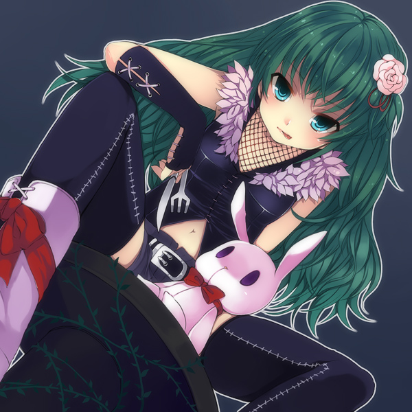hase neet, original, stitched, third-party edit, 1girl, black gloves, black thighhighs, blue eyes, female focus, fingerless gloves, fishnets, flower, fork, gloves, green hair, hair flower, hair ornament, knife, long hair, looking at viewer, navel, solo, stitches, stuffed animal, stuffed rabbit, stuffed toy, thighhighs, tongue, tongue out