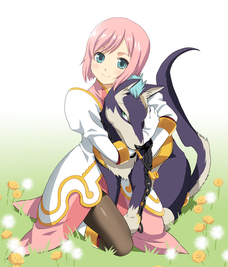 mattaku mousuke, estellise sidos heurassein, repede (tales), tales of (series), tales of vesperia, 00s, 1girl, aqua eyes, chain, dog, dress, flower, gloves, green eyes, hug, hug from behind, kiseru, lips, pantyhose, pink hair, short hair, smile, smoking pipe, tail, white gloves