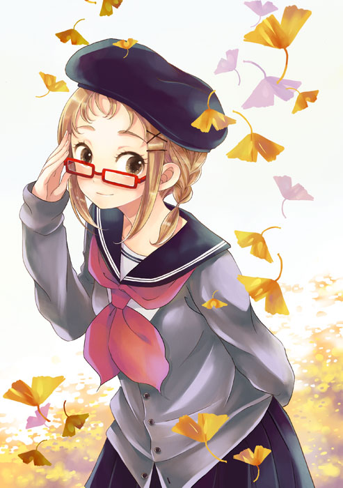 manami (artist), sugano manami, vaayunto yuuki, original, 1girl, arm behind back, black hat, cardigan, female focus, glasses, hat, school uniform, serafuku, solo