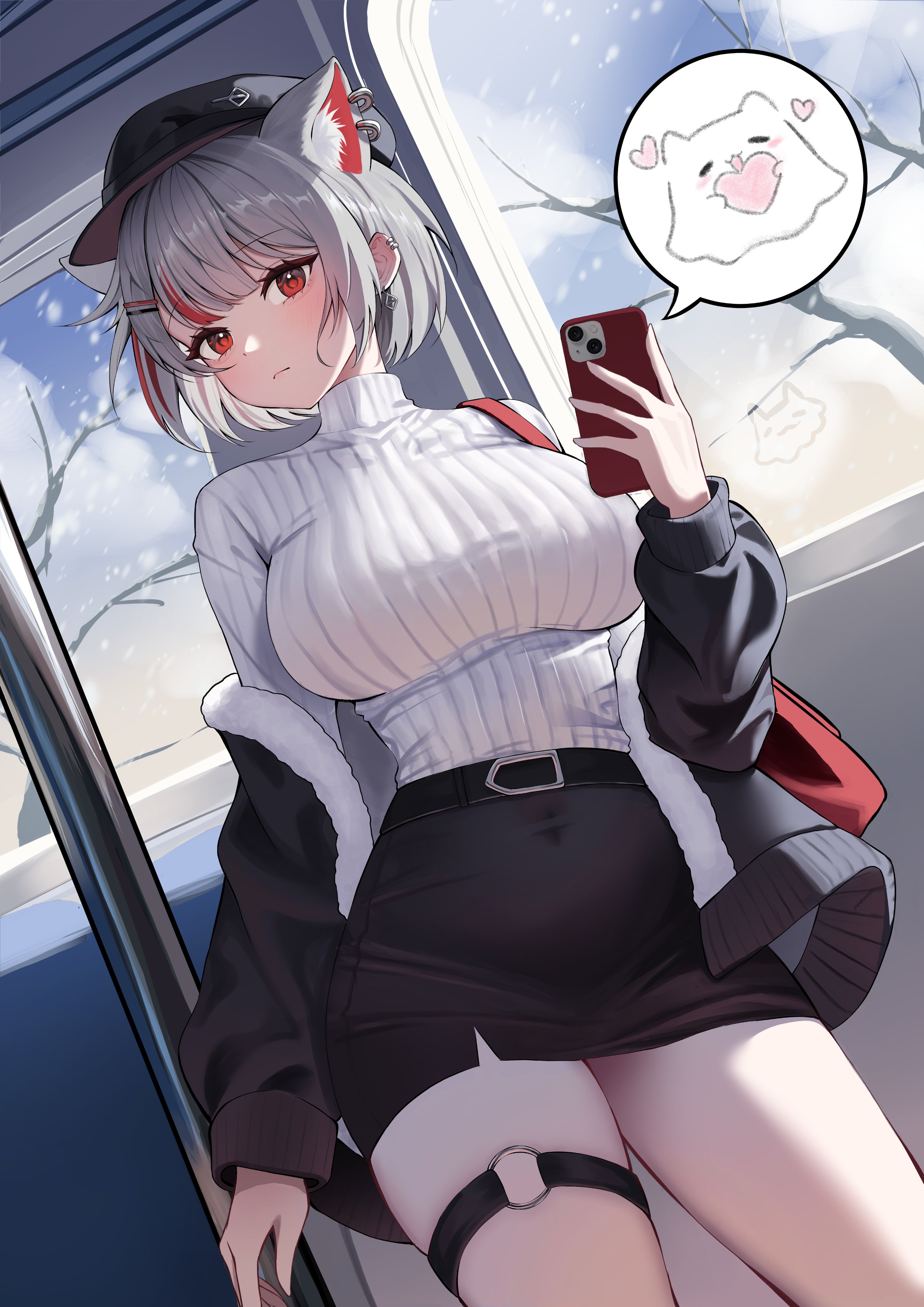 eengchi, maro (neneko mashiro), neneko mashiro, stellive, absurdres, hashtag-only commentary, highres, 1girl, animal ear fluff, animal ears, bag, black jacket, black skirt, blush, breasts, cat ears, cat girl, cellphone, closed mouth, dutch angle, extra ears, grey hair, handbag, hat, holding, holding phone, indoors, jacket, large breasts, miniskirt, multicolored hair, off shoulder, peaked cap, phone, red eyes, red streaks, ribbed sweater, skirt, smartphone, speech bubble, streaked hair, sweater, sweater tucked in, thigh strap, virtual youtuber, white sweater, window