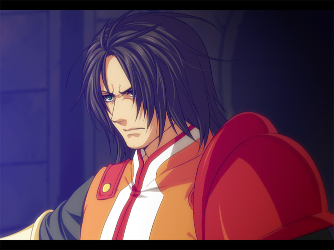 zanshi, raven (tales), schwann oltorain, tales of (series), tales of vesperia, 00s, 1boy, armor, black hair, facial hair, goatee stubble, green eyes, letterboxed, long hair, male focus, military, military uniform, official alternate costume, serious, solo, stubble