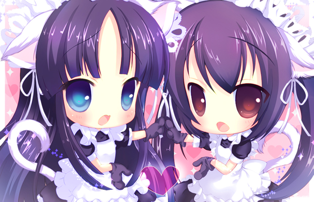 ai saki ni, akiyama mio, nakano azusa, k-on!, bad id, bad pixiv id, 00s, 2girls, alternate costume, animal ears, apron, black hair, blue eyes, blunt bangs, blush, cat ears, cat tail, chibi, dress, enmaided, frills, hairband, heart, hime cut, holding hands, long hair, maid, maid apron, multiple girls, open mouth, ribbon, skirt, tail, twintails