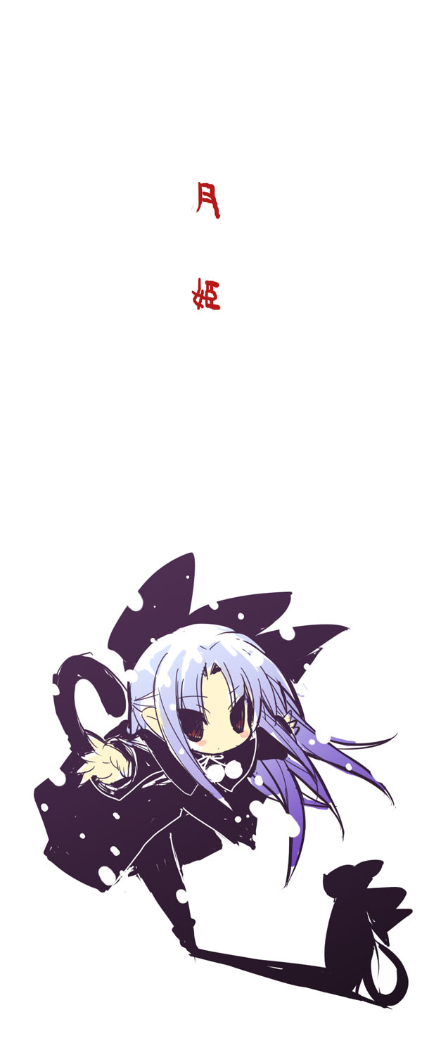 kotamaru (pajama soft), len (cat) (tsukihime), len (tsukihime), tsukihime, black footwear, eyebrows, highres, long image, tall image, 00s, 1girl, black dress, black pantyhose, black ribbon, blue hair, cat, cat tail, chibi, dress, hair ribbon, half updo, japanese text, long hair, neck ribbon, pantyhose, pointy ears, red eyes, ribbon, shadow, shoes, simple background, standing, standing on one leg, tail, white background, white ribbon