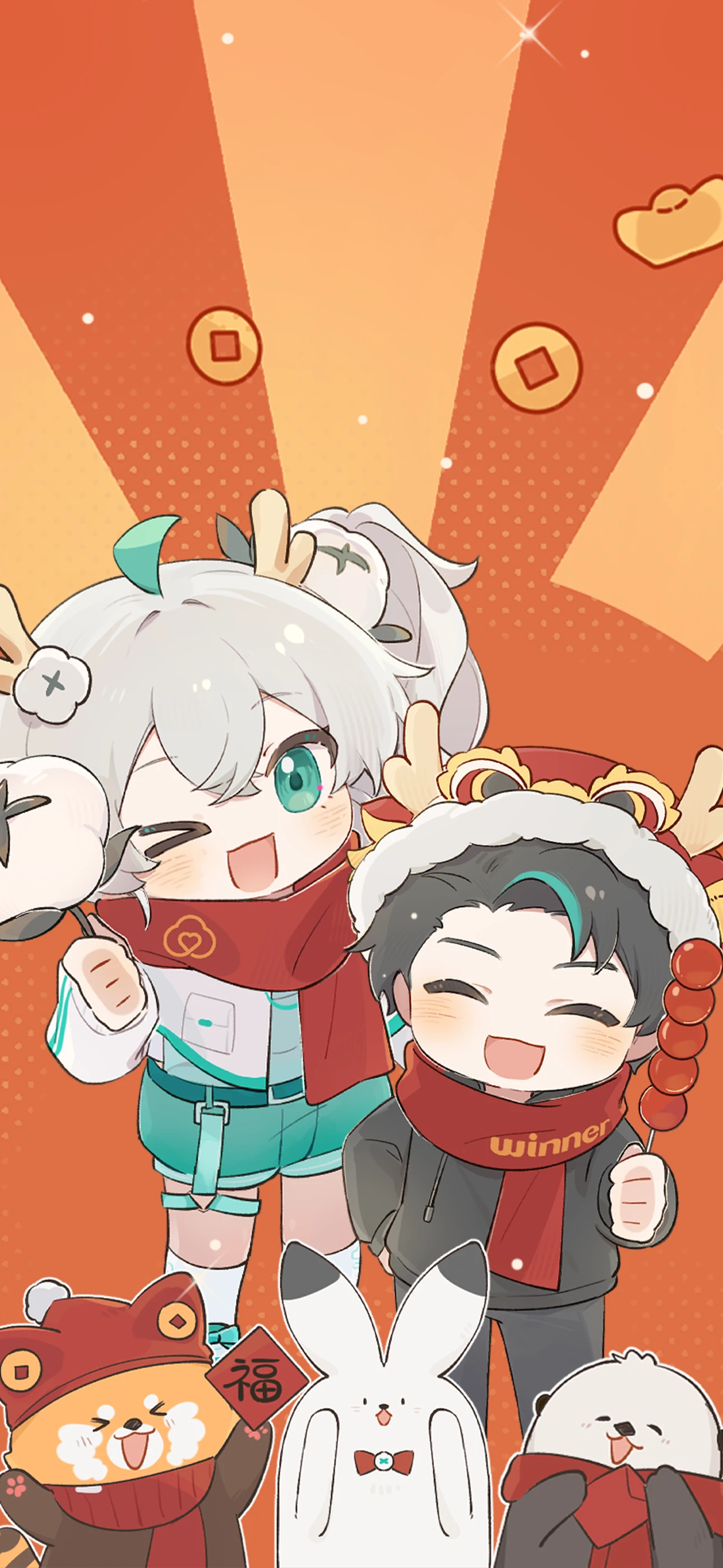wenxiaomian family, absurdres, chinese commentary, commentary request, highres, 1boy, 1girl, ahoge, black hair, black jacket, bow, chibi, chinese new year, closed eyes, coin, cotton candy, english text, food, fox, green eyes, green hair, grey hair, hair ornament, holding, holed coin, hongbao, hood, horns, jacket, multicolored hair, official alternate costume, one eye closed, open mouth, otter, quanmian shidai, red bow, scarf, shorts, side ponytail, smile, streaked hair, tanghulu, virtual youtuber, wen xiaomian, white hair, yuanbao