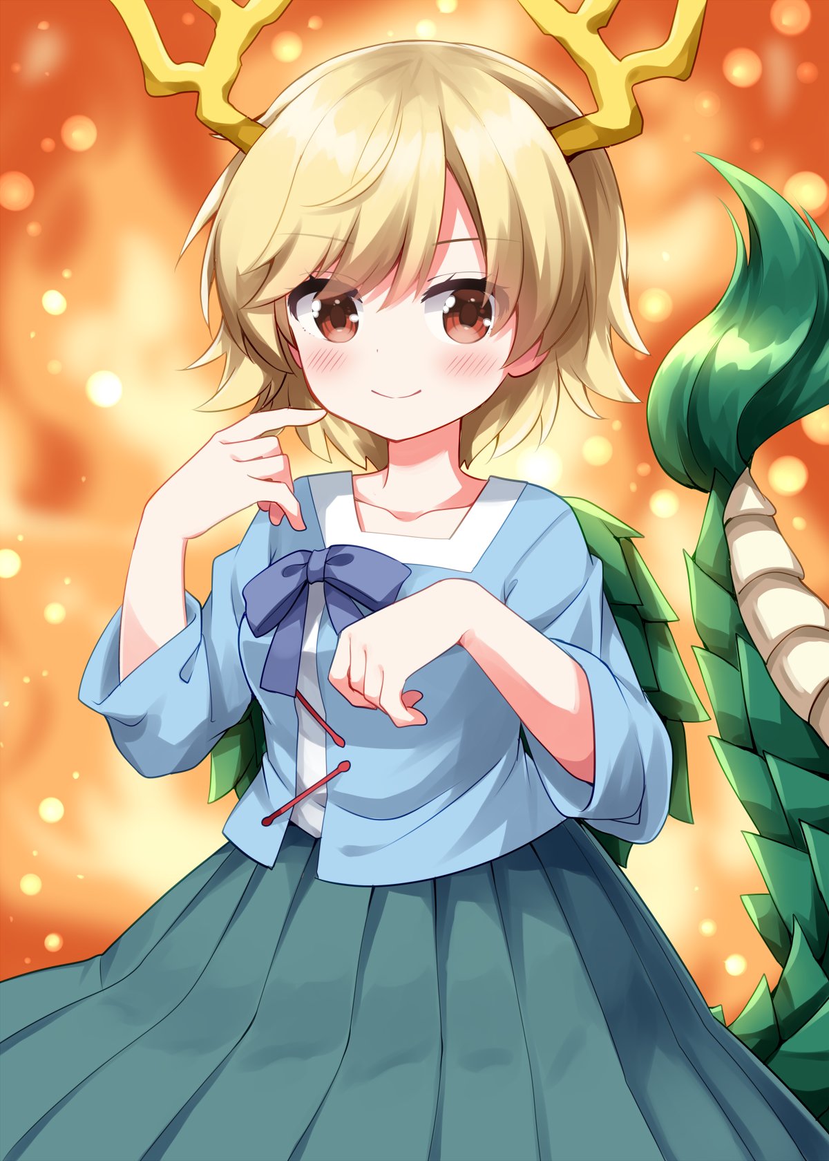 ruu (tksymkw), kicchou yachie, touhou, commentary, highres, 1girl, antlers, blonde hair, blue bow, blue bowtie, blue shirt, blue skirt, blush, bow, bowtie, brown eyes, closed mouth, collarbone, cowboy shot, dragon tail, fur-tipped tail, hands up, horns, long sleeves, looking at viewer, orange background, pleated skirt, shirt, short hair, skirt, smile, solo, tail, yellow horns