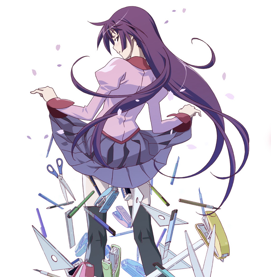 watanabe akio, senjougahara hitagi, bakemonogatari, monogatari (series), official art, source request, 00s, 1girl, black thighhighs, blush, boxcutter, cherry blossoms, clothes lift, eraser, female focus, from behind, kneepits, knife, lifting own clothes, long hair, looking at viewer, looking back, pen, petals, purple hair, ruler, school uniform, scissors, senjougahara hitagi skirt lift pose, set square, simple background, skirt, skirt lift, solo, stapler, stationery, thighhighs, white background, zettai ryouiki