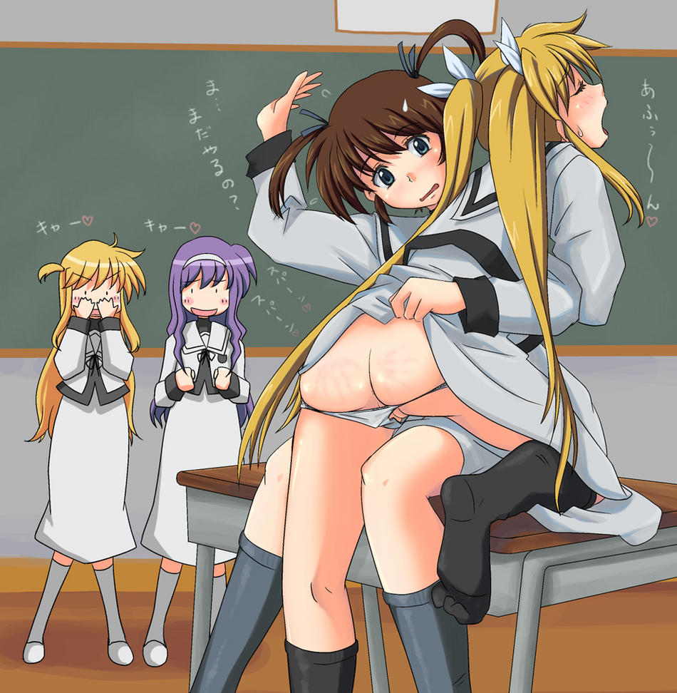 arisa bunnings, fate testarossa, takamachi nanoha, tsukimura suzuka, mahou shoujo lyrical nanoha, 4girls, ass, blush, multiple girls, panties, smile, spanked, underwear
