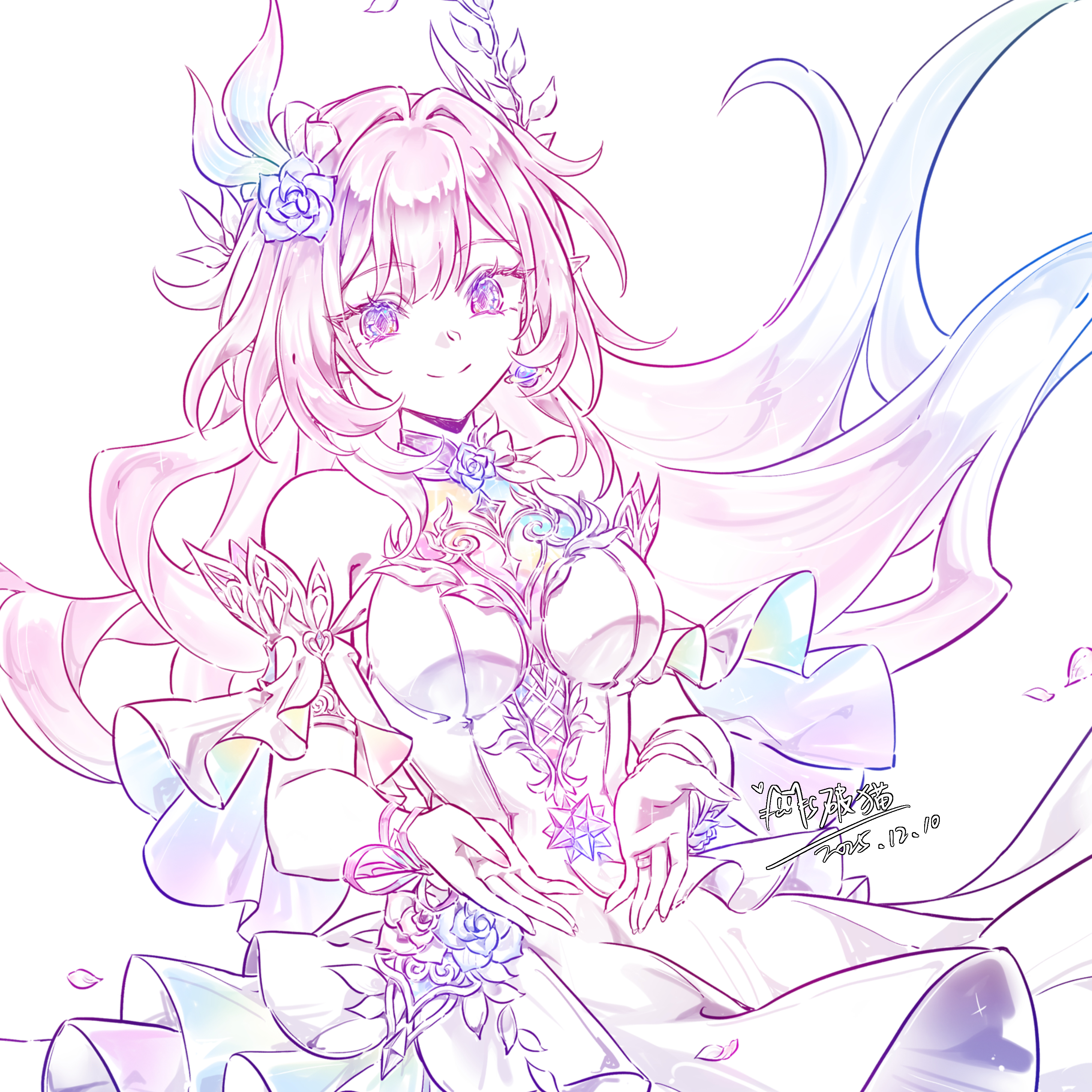 yizhixiaopomao, cyrene (honkai: star rail), honkai: star rail, honkai (series), absurdres, commentary request, highres, 1girl, bare shoulders, breasts, cyrene (demiurge) (honkai: star rail), dated, dress, floating hair, flower, gradient hair, hair flower, hair ornament, large breasts, long hair, looking at viewer, multicolored hair, pink hair, pointy ears, purple eyes, signature, simple background, smile, solo, upper body, very long hair, white background, white dress