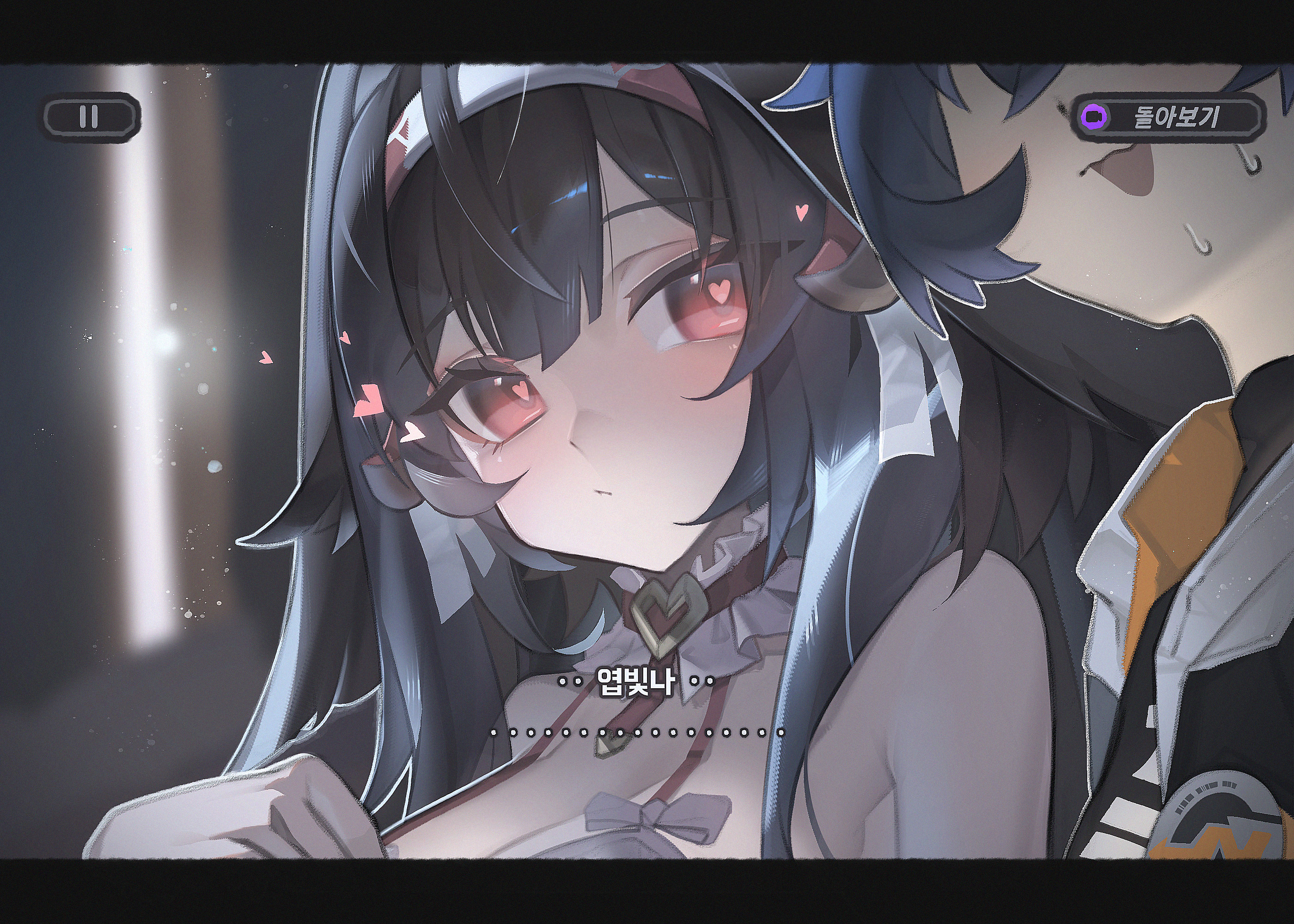 2ho, belle (zenless zone zero), ye shunguang, zenless zone zero, commentary, highres, symbol-only commentary, 2girls, animal ears, bare shoulders, blue hair, bow, breasts, brown hair, cleavage, collar, droopy ears, fox ears, fox girl, frilled collar, frills, hair over eyes, headband, heart, heart in eye, korean text, light blush, long hair, looking at another, multiple girls, red eyes, short hair, sidelocks, sweatdrop, symbol in eye, trembling, yuri