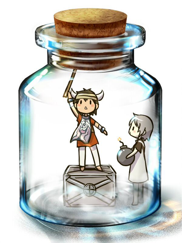 takitate, ico (character), yorda, ico, 1boy, 1girl, barefoot, bomb, bottle, bottle meme (pixiv), box, brown hair, chibi, cork, crate, explosive, glass, horns, in bottle, in container, jar, simple background, surcoat, tabard, white background, white hair