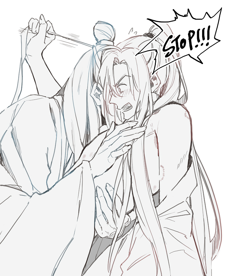 ykmr (haga), lan wangji, wei wuxian, modao zushi, commentary request, 2boys, bare shoulders, bite mark, blush, chinese clothes, english text, flying sweatdrops, greyscale, hair ribbon, hand on another's chest, hand up, hanfu, hickey, holding, holding ribbon, hug, implied sex, long hair, long sleeves, looking at another, looking down, male focus, monochrome, multiple boys, off shoulder, open clothes, open mouth, open robe, pectoral grab, ponytail, profile, ribbon, robe, simple background, speech bubble, surprised, teeth, topknot, very long hair, white background, wide-eyed, wide sleeves, yaoi