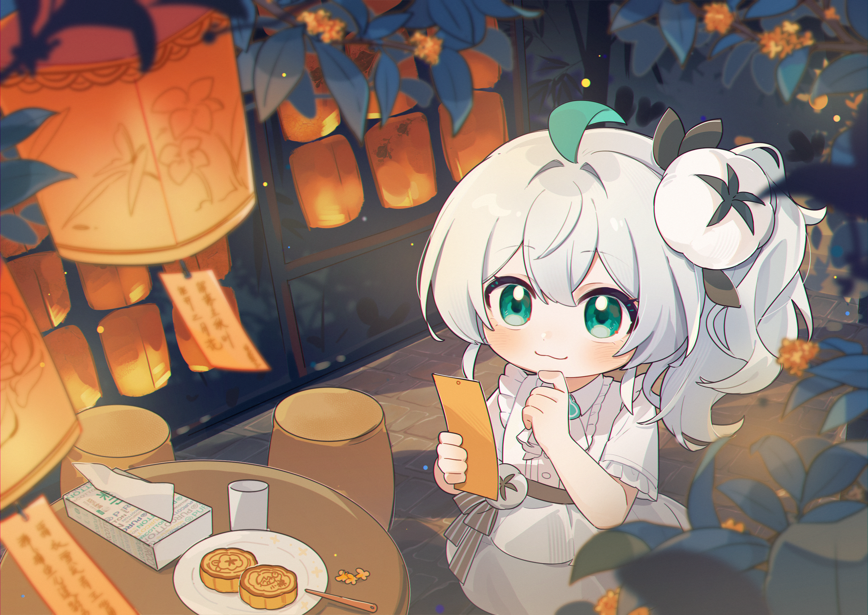wenxiaomian family, chinese commentary, commentary request, highres, 1girl, ahoge, chibi, closed mouth, cup, dress, flower, food, green eyes, green hair, hair ornament, holding, lantern, leaf, long hair, looking at viewer, mid-autumn festival, mooncake, night, osmanthus, paper, paper lantern, quanmian shidai, short sleeves, side ponytail, smile, solo, toilet paper, wen xiaomian, white dress, white hair