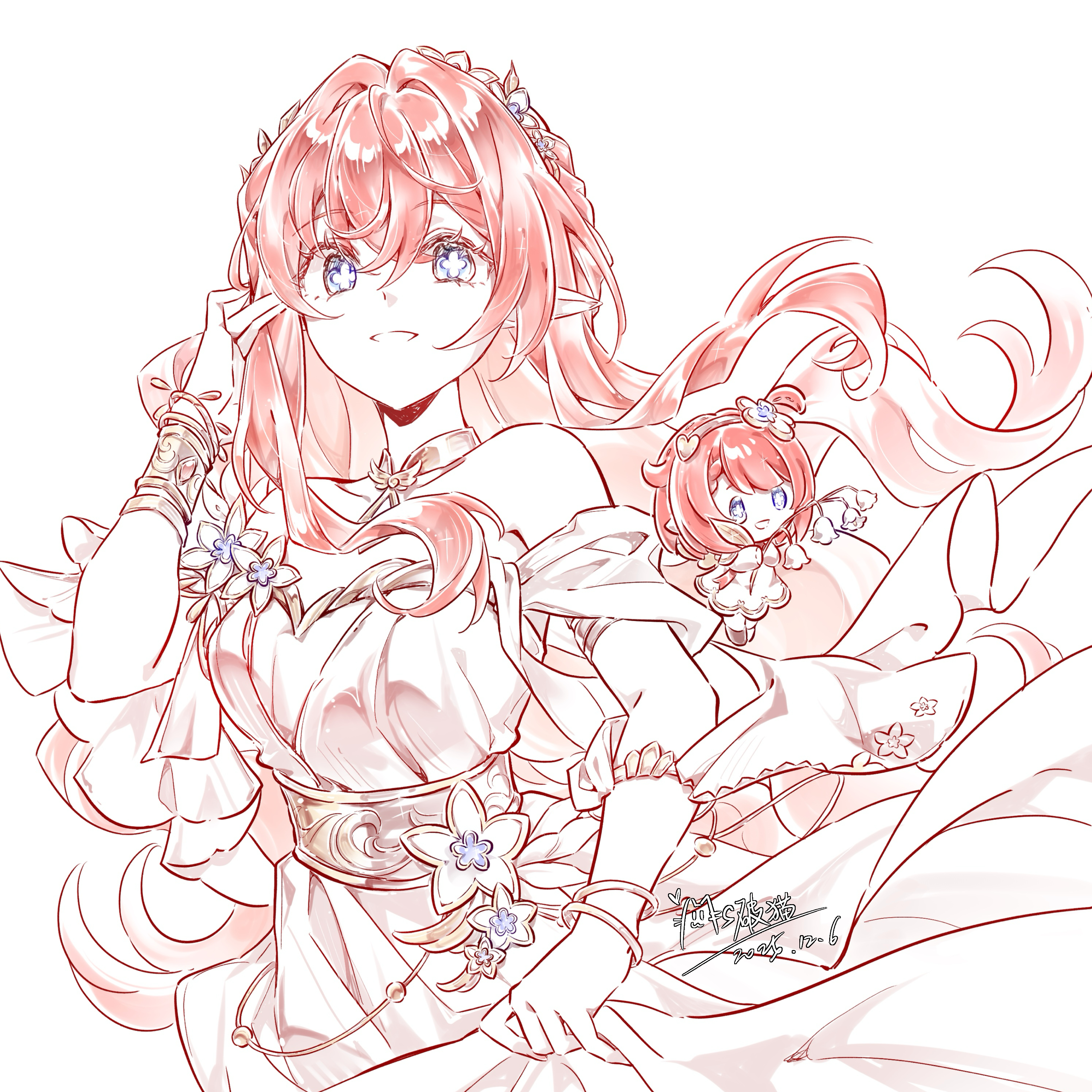 yizhixiaopomao, tribbie (honkai: star rail), tribios (honkai: star rail), honkai: star rail, honkai (series), absurdres, commentary request, highres, 2girls, bare shoulders, blue eyes, bracelet, chibi, cross-shaped pupils, dated, detached sleeves, dress, floating hair, flower, gold bracelet, hair flower, hair ornament, hand up, jewelry, long hair, looking at viewer, multiple girls, parted lips, pointy ears, red hair, short hair, signature, simple background, skirt hold, smile, symbol-shaped pupils, upper body, very long hair, white background, white dress