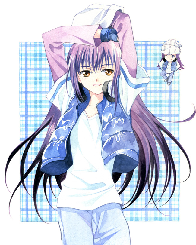 agahari, beat jumper, fujisaki nagihiko, rhythm (shugo chara!), shugo chara!, bad id, bad pixiv id, painting (medium), traditional media, 2boys, androgynous, beanie, fingerless gloves, gloves, hat, headphones, long hair, male focus, multiple boys, purple hair, yellow eyes