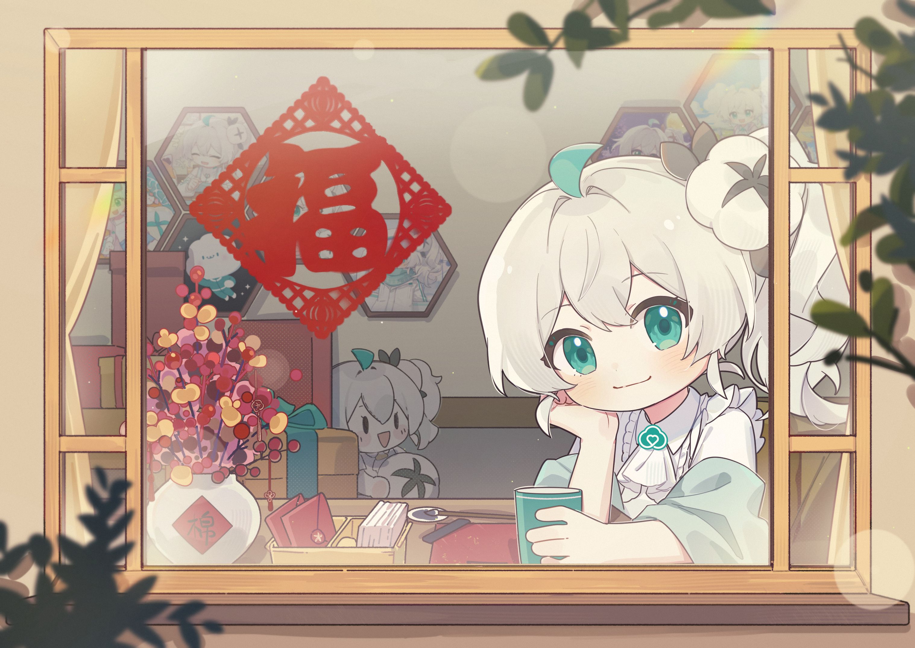 wenxiaomian family, chinese commentary, commentary request, highres, 1girl, ahoge, box, chinese paper-cut, closed mouth, curtains, from outside, gift, gift box, green eyes, green hair, hair ornament, holding, hongbao, indoors, leaf, long hair, looking at viewer, plant, quanmian shidai, shirt, side ponytail, smile, solo, toilet paper, vase, wen xiaomian, white hair, white shirt, window