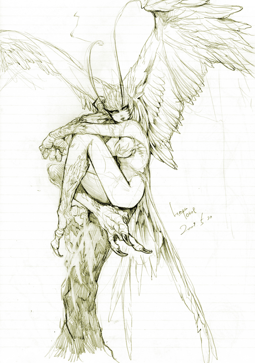 fjordtrotter, sirene (devilman), devilman, bad id, bad pixiv id, highres, 1970s (style), 1girl, antennae, breasts, claws, feather hair, feathers, female focus, harpy, head wings, large breasts, monochrome, monster girl, oldschool, retro artstyle, sitting, sketch, solo, wings, yellow theme