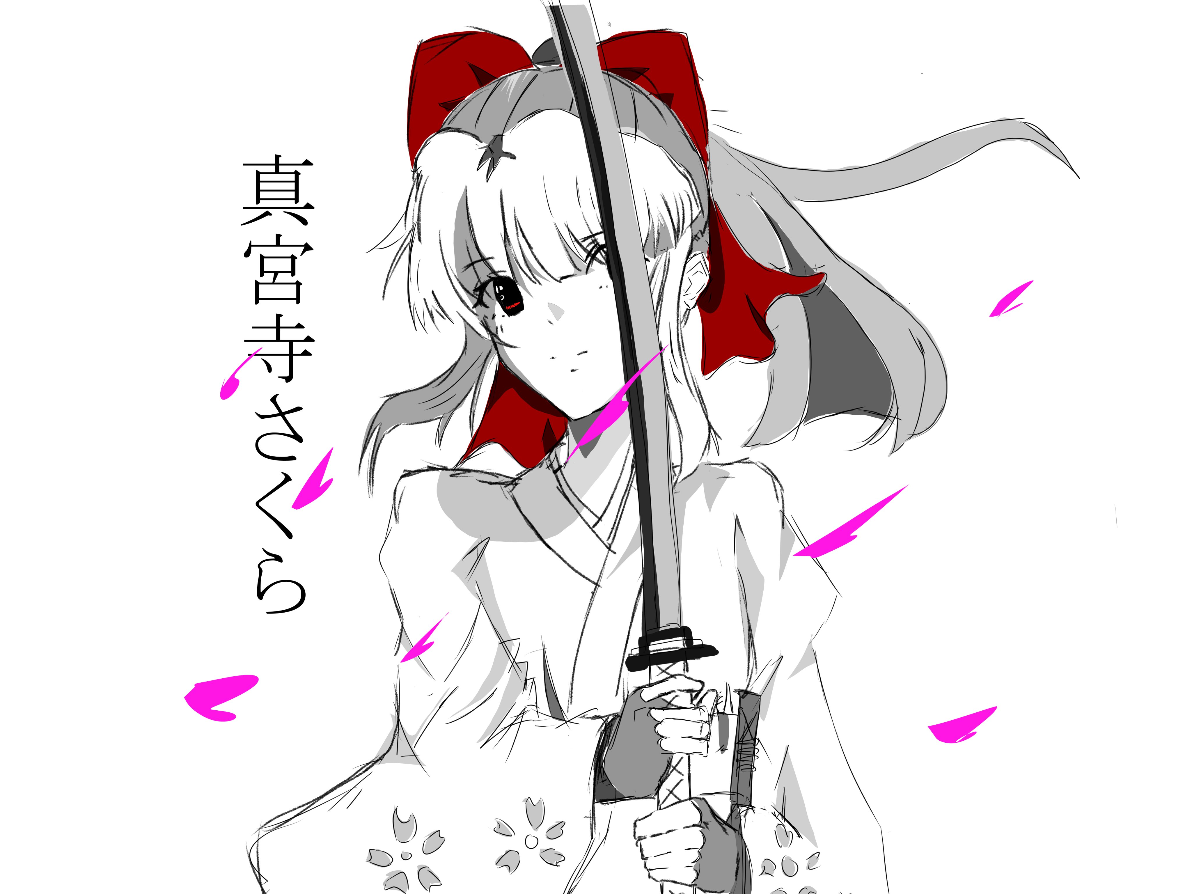 shinguuji sakura, sakura taisen, sega, highres, translated, 1girl, bow, breasts, character name, cherry blossoms, fingerless gloves, gloves, hair ribbon, japanese clothes, japanese text, long hair, looking at viewer, ponytail, red bow, red eyes, ribbon, small breasts, smile, solo, sword, weapon, white hair