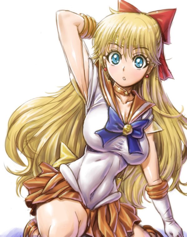 amania orz, aino minako, sailor venus, bishoujo senshi sailor moon, 1girl, :o, armpits, blonde hair, blue eyes, bow, earrings, gloves, jewelry, long hair, looking at viewer, magical girl, miniskirt, red bow, sitting, skirt, very long hair, white background