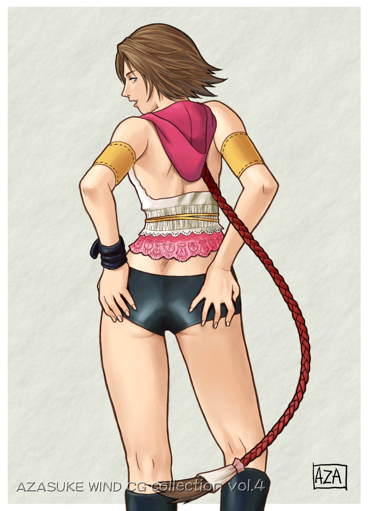 azasuke, yuna, final fantasy, final fantasy x, final fantasy x-2, highres, 00s, grabbing own ass, kneepits, looking back