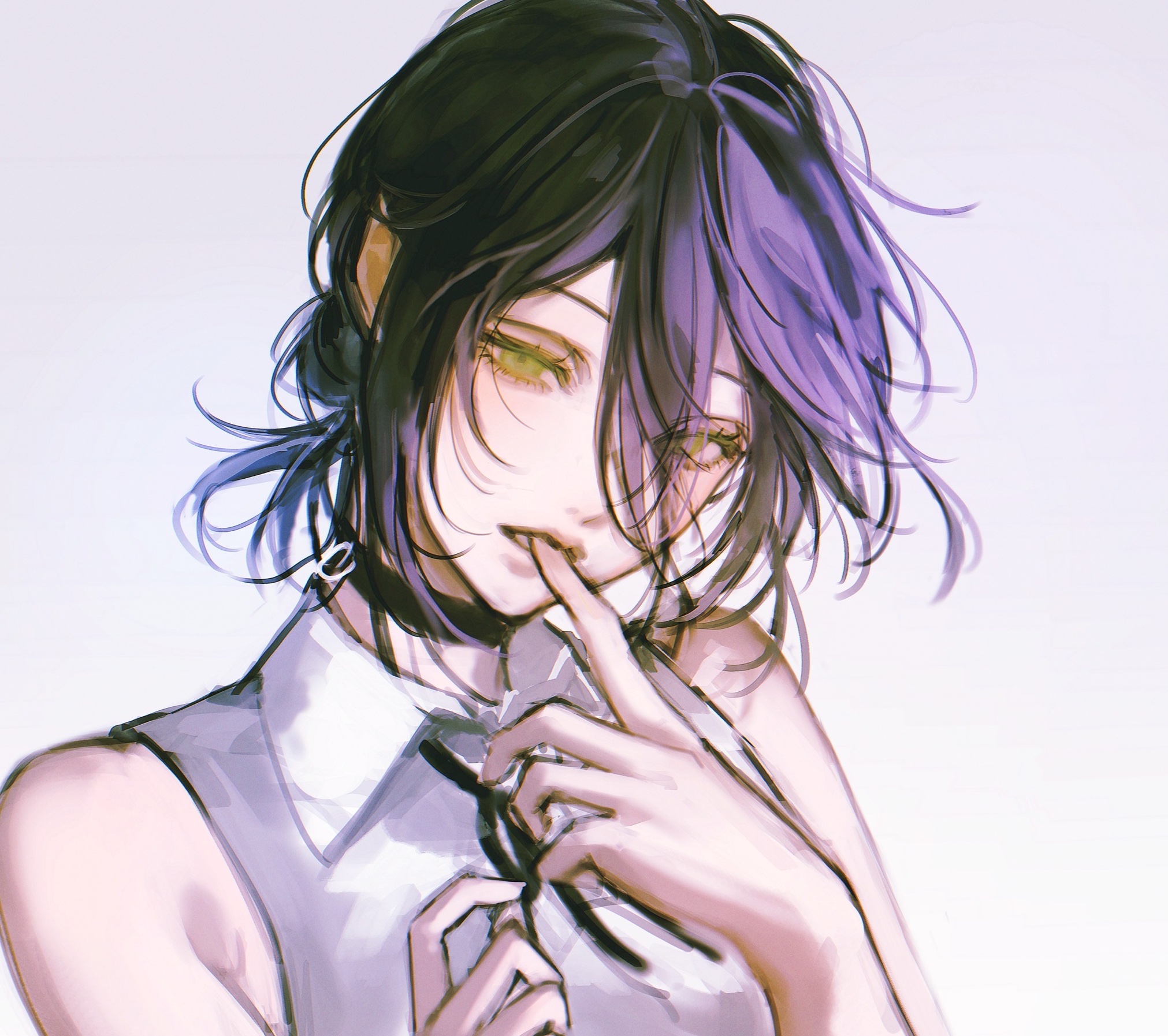 inuo (inuo x), reze (chainsaw man), chainsaw man, highres, 1girl, black choker, black hair, black ribbon, choker, collared shirt, finger in own mouth, green eyes, grenade pin, looking at viewer, neck ribbon, ribbon, shirt, simple background, sleeveless, sleeveless shirt, solo, white background, white shirt