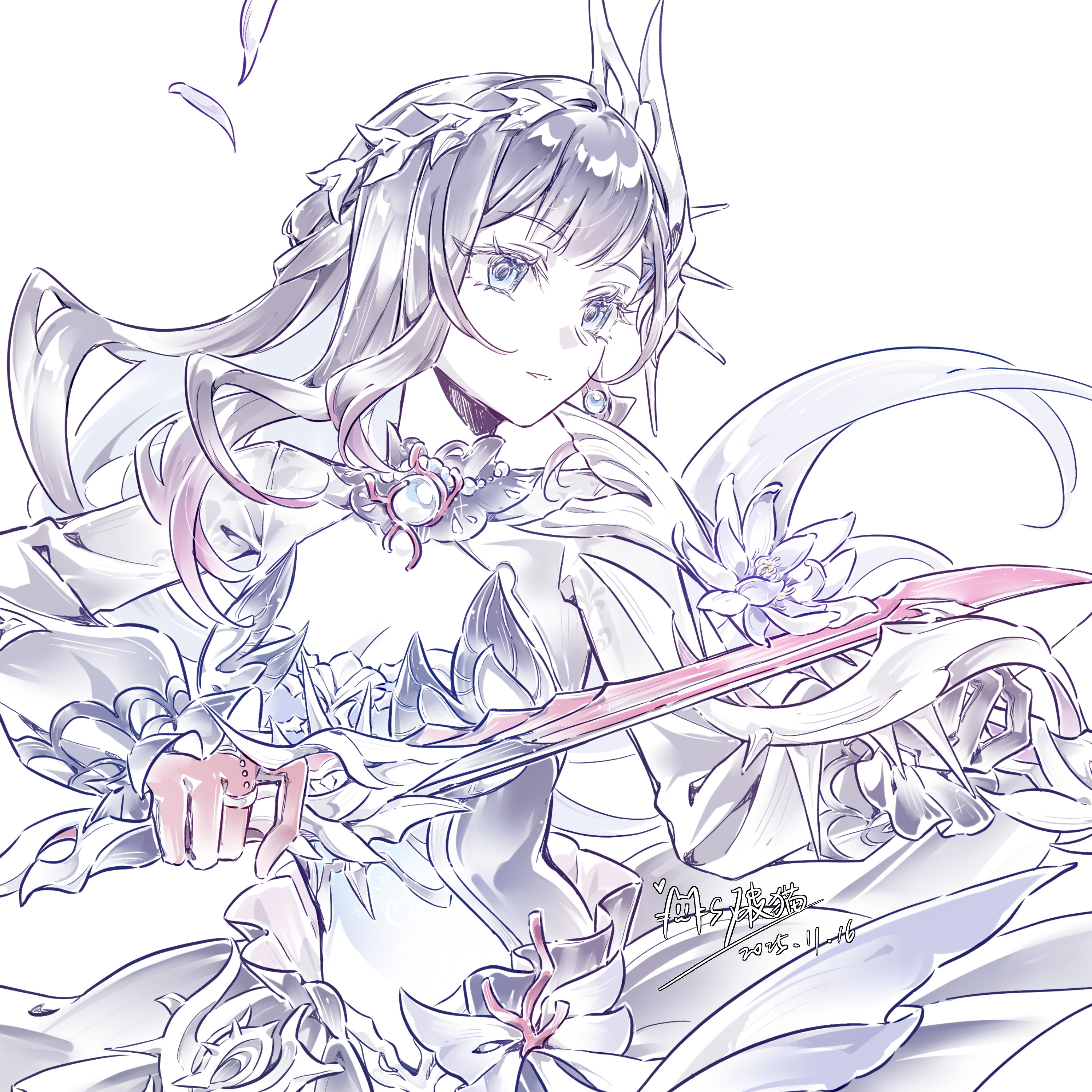 yizhixiaopomao, hysilens (honkai: star rail), honkai: star rail, honkai (series), absurdres, commentary request, highres, 1girl, asymmetrical gloves, black gloves, black hair, blue hair, breasts, cleavage, colored inner hair, dated, floating hair, gloves, hair ornament, holding, holding instrument, holding sword, holding weapon, instrument, large breasts, long hair, long sleeves, looking to the side, mismatched gloves, multicolored hair, music, parted lips, playing instrument, red gloves, shrug (clothing), signature, simple background, solo, sword, upper body, very long hair, weapon, white background