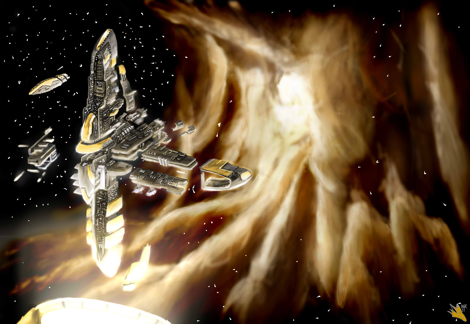 novafox, eve online, original, commentary, concept art, english commentary, highres, amarr empire (eve online), building, capital ship (eve online), cloud, constriction, glowing, nebula, no humans, outdoors, science fiction, sky, space, space station, star (sky), starry sky