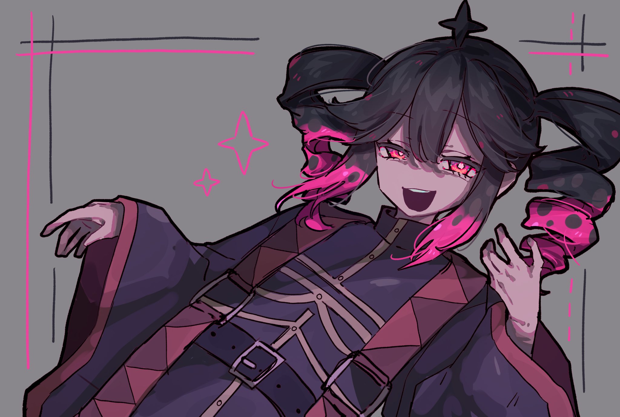 okura 0915, kasane teto, utau, commentary request, highres, 1girl, ahoge, belt, black hair, double-parted bangs, drill hair, grey background, hair between eyes, open mouth, pink eyes, pink hair, purple belt, purple robe, q&a (utau), red trim, robe, teeth, twin drills, upper teeth only