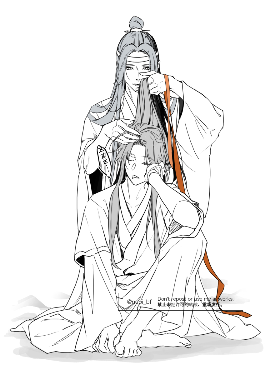ykmr (haga), lan wangji, wei wuxian, modao zushi, commentary request, highres, 2boys, adjusting another's hair, ahoge, arm on knee, barefoot, chinese clothes, chinese text, closed eyes, closed mouth, couple, drooling, full body, hair ribbon, hairdressing, hand in another's hair, hand on another's head, hand on own cheek, hand on own face, hanfu, head rest, headband, holding, holding another's hair, holding ribbon, indian style, knee up, long hair, long sleeves, looking at another, male focus, monochrome, multiple boys, parted lips, red ribbon, ribbon, robe, saliva, sidelocks, simple background, sitting, sleeping, sleeping upright, smile, spot color, topknot, twitter username, watermark, white background, wide sleeves, xiao guan (headdress), yaoi, yellow eyes