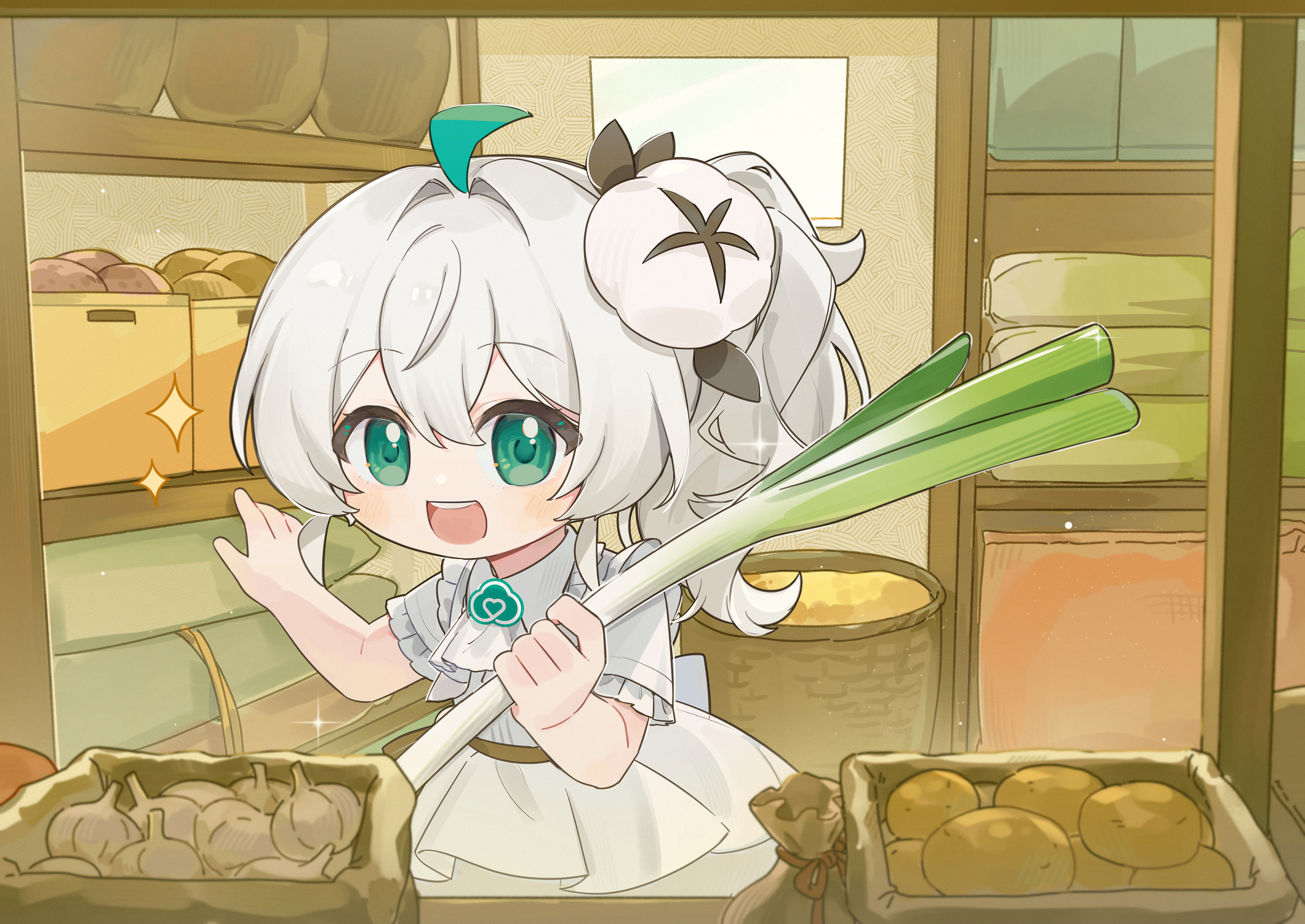 wenxiaomian family, chinese commentary, commentary request, highres, 1girl, :d, ahoge, apron, basket, chibi, dress, food, garlic, green eyes, green hair, hair ornament, holding, holding basket, holding food, indoors, long hair, looking at viewer, open mouth, potato, quanmian shidai, shop, short sleeves, side ponytail, smile, solo, sparkle, spring onion, vegetable, wen xiaomian, white dress, white hair