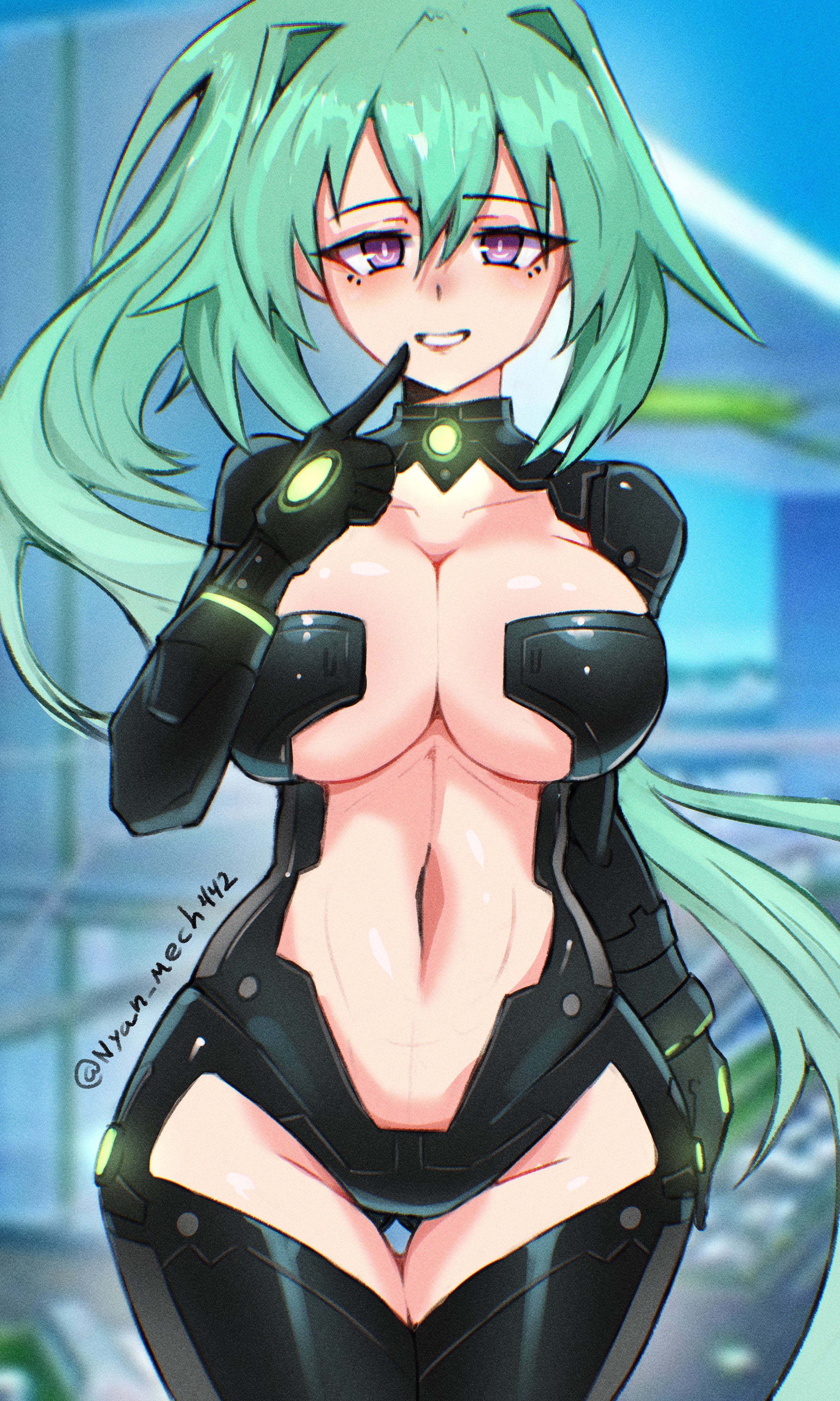 nyanmech, green heart (neptunia), kami jigen game neptune v, neptune (series), absurdres, commentary, english commentary, highres, 1girl, black bodysuit, bodysuit, breasts, center opening, cleavage, clothing cutout, collarbone, finger to mouth, gluteal fold, green hair, large breasts, long hair, navel, ponytail, power symbol, power symbol-shaped pupils, purple eyes, revealing clothes, smile, solo, symbol-shaped pupils, teeth, thigh cutout, thigh gap, very long hair, wide hips