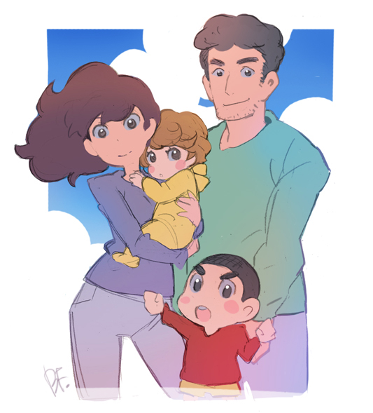 bf. (sogogiching), nohara himawari, nohara hiroshi, nohara misae, nohara shinnosuke, usui yoshito, crayon shin-chan, 2boys, 2girls, age difference, brown hair, child, contrapposto, family, family bonding, father and daughter, father and son, height difference, long hair, long sleeves, looking at viewer, mature female, mother and daughter, mother and son, multiple boys, multiple girls, open mouth, ponytail, sky, standing