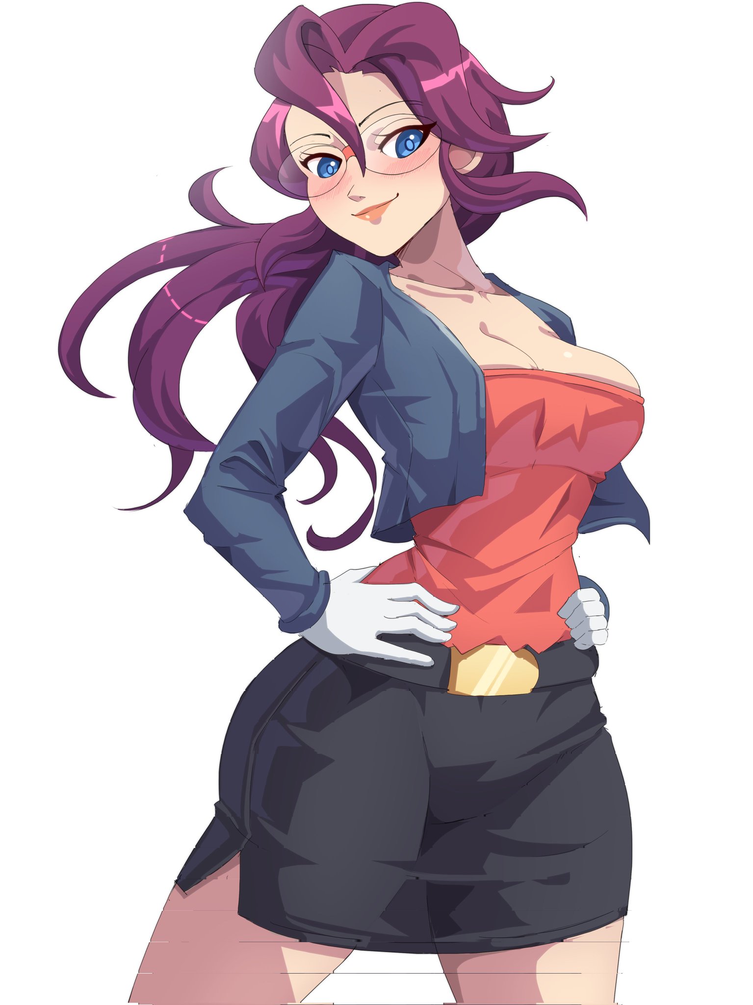 exceedxatu, lorelei (pokemon), nintendo, pokemon, pokemon (anime), pokemon (classic anime), 1girl, belt, blue eyes, blush, breasts, cleavage, cropped jacket, glasses, hands on own hips, jacket, large breasts, lips, long hair, long sleeves, purple hair, skirt, white background