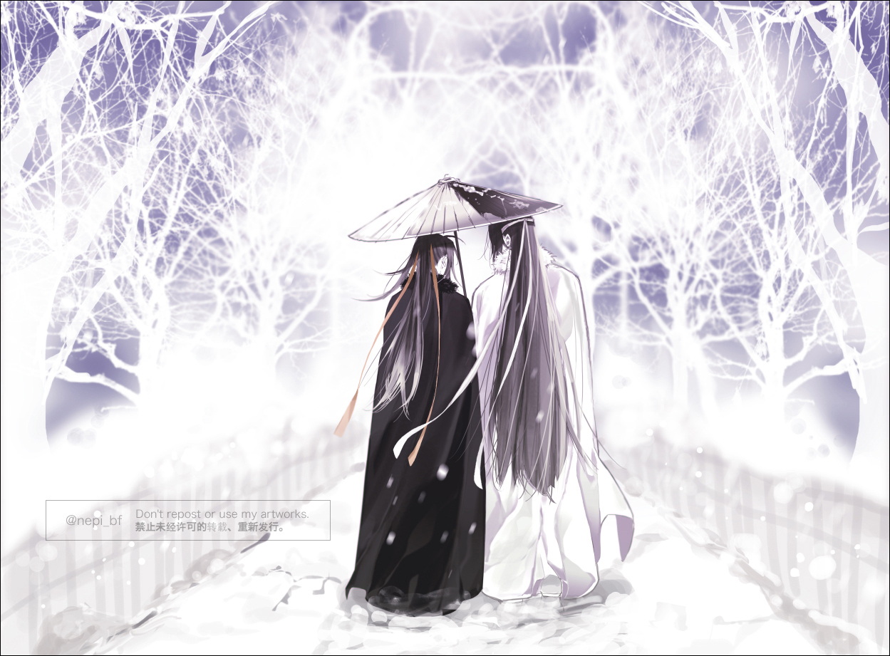 ykmr (haga), lan wangji, wei wuxian, modao zushi, commentary request, 2boys, ahoge, bare tree, black cloak, black hair, border, cloak, closed eyes, couple, facing away, from behind, full body, fur-trimmed cloak, fur trim, hair ribbon, headband, holding, holding umbrella, long hair, long sleeves, male focus, multiple boys, oil-paper umbrella, outdoors, ponytail, red ribbon, ribbon, robe, shared umbrella, sidelocks, snow, snowing, standing, tree, twitter username, umbrella, very long hair, watermark, white cloak, white headband, wide sleeves, winter, winter clothes, yaoi