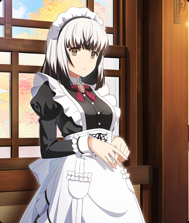 satsuki yomi, toji no miko, toji no miko: kizamishi issen no tomoshibi, game cg, official art, third-party source, 1girl, alternate costume, apron, autumn, black dress, black hair, blue sky, bow, bowtie, breasts, brooch, brown eyes, buttons, cloud, colored tips, cowboy shot, day, dot nose, dress, enmaided, frilled apron, frills, gem, grey hair, indoors, jewelry, long sleeves, looking at viewer, maid, maid apron, maid headdress, medium breasts, multicolored hair, own hands together, parted lips, pink gemstone, pocket, red bow, red bowtie, short hair, sky, solo, tree, wall lamp, white apron, window