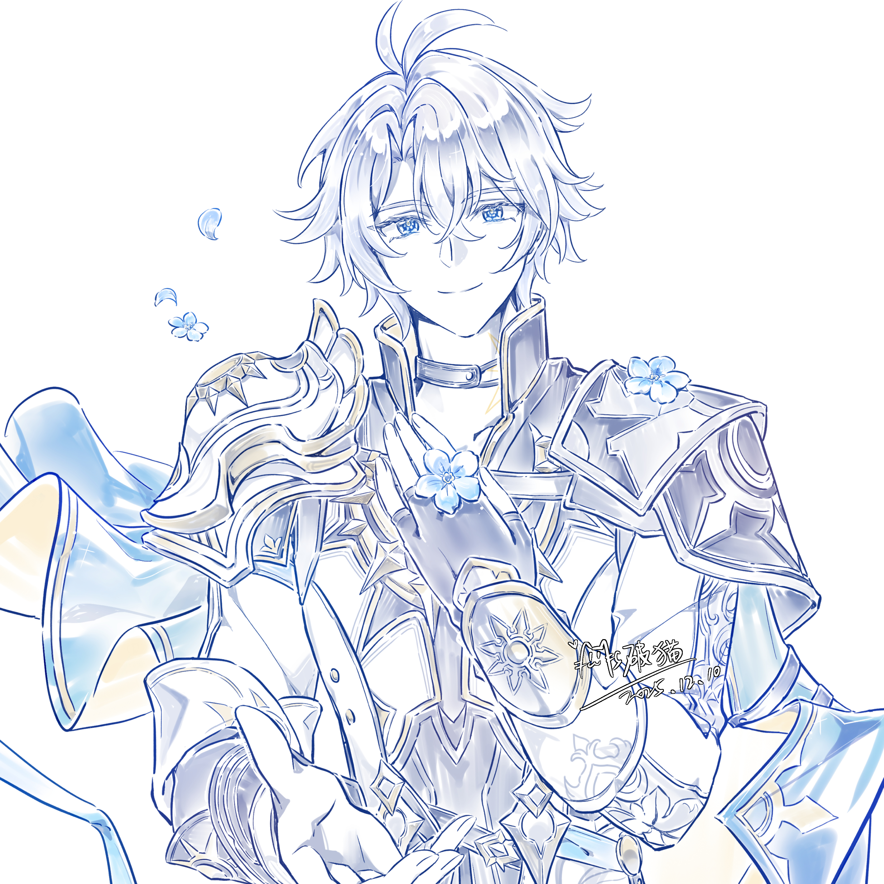 yizhixiaopomao, phainon (honkai: star rail), honkai: star rail, honkai (series), absurdres, commentary request, highres, 1boy, antenna hair, armor, black choker, choker, closed mouth, dated, fingerless gloves, gloves, hair between eyes, hand on own chest, looking at viewer, male focus, offering hand, pauldrons, reaching, reaching towards viewer, short hair, shoulder armor, signature, simple background, single pauldron, smile, solo, white background, white hair