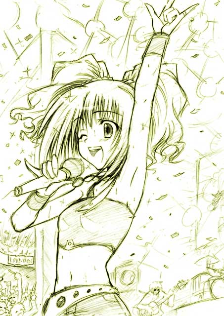 sankaku umako, takatsuki yayoi, idolmaster, idolmaster (classic), 00s, 1girl, arm up, armpits, confetti, cool & sexy (idolmaster), female focus, m/, microphone, midriff, monochrome, one eye closed, sketch, solo, twintails, wink, yellow theme
