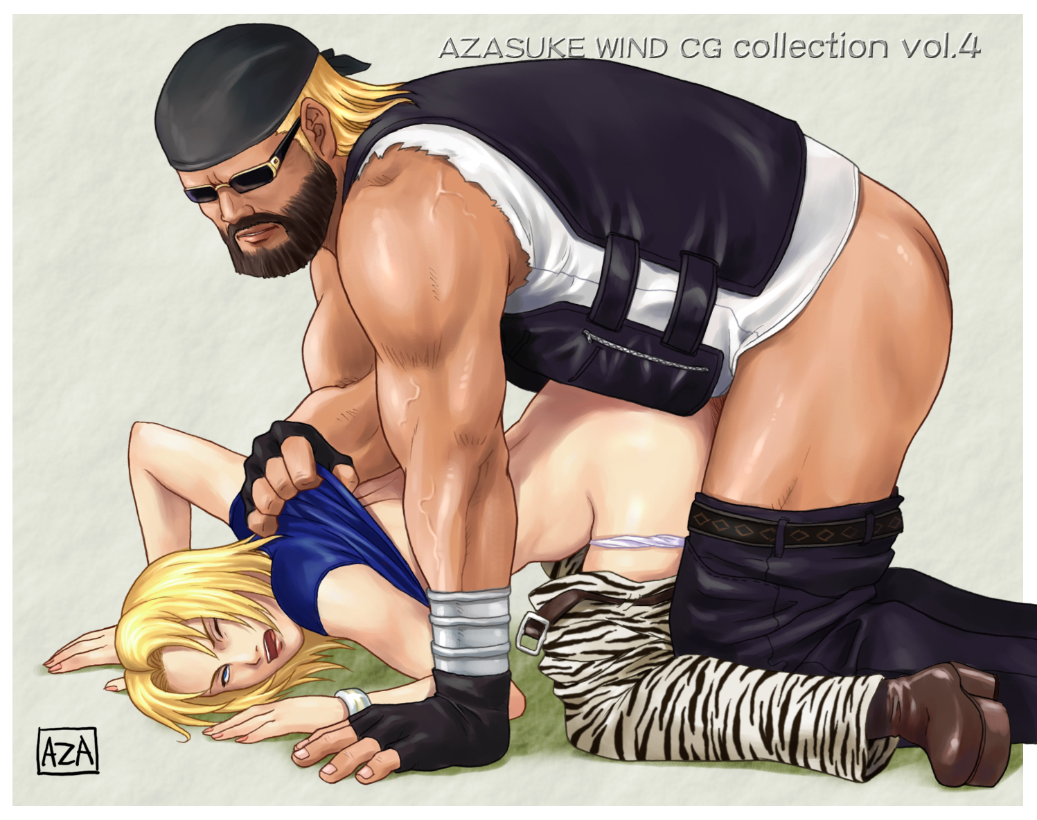 azasuke, bass armstrong, tina armstrong, dead or alive, tecmo, 1boy, 1girl, age difference, angry, artist name, ass, blonde hair, blue eyes, clothed sex, doggystyle, father and daughter, forced, hetero, incest, older male and younger female, rape, rolling eyes, sex, sex from behind, stomach bulge, sunglasses, top-down bottom-up, underwear, vaginal, wince