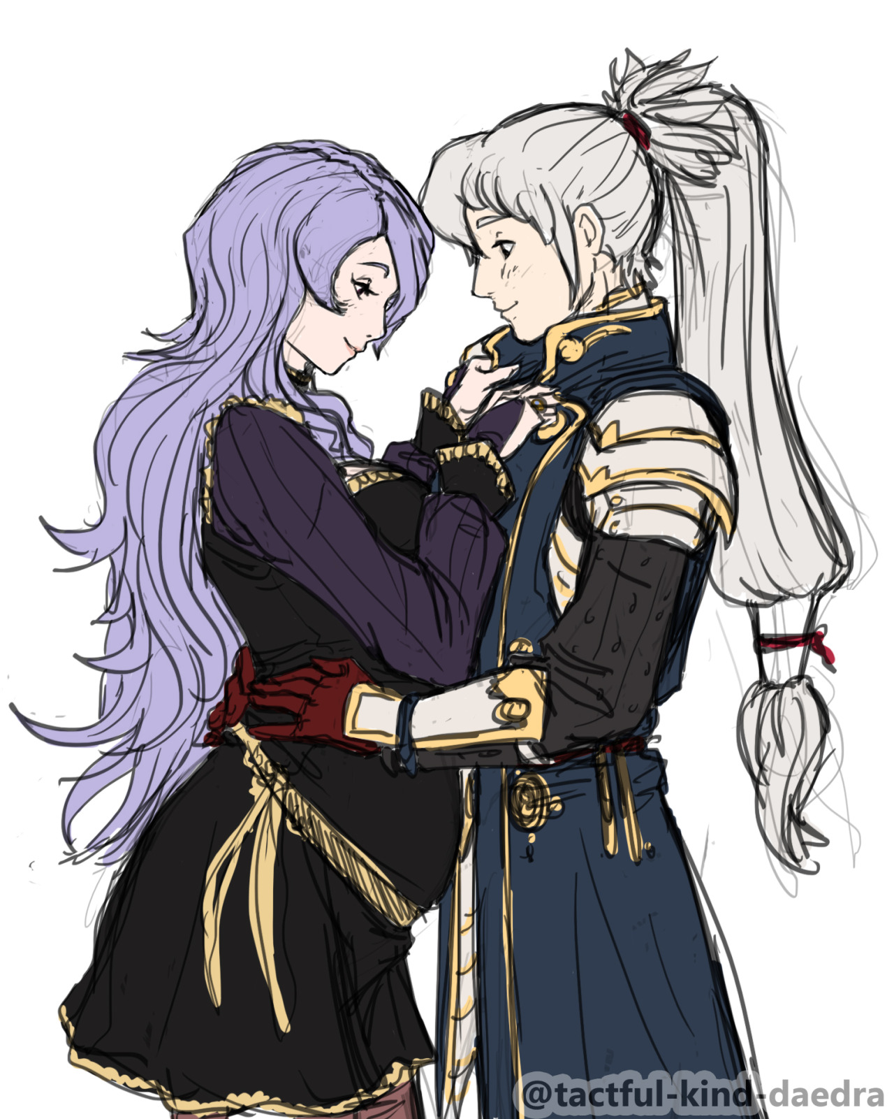 camilla (fire emblem), takumi (fire emblem), fire emblem, fire emblem fates, nintendo, 1boy, 1girl, alternate costume, chignon, hand on another's chest, hand on another's waist, husband and wife, long hair, older female and younger male, pregnant, purple eyes, purple hair, simple background, tactful-kind-daedra, wavy hair
