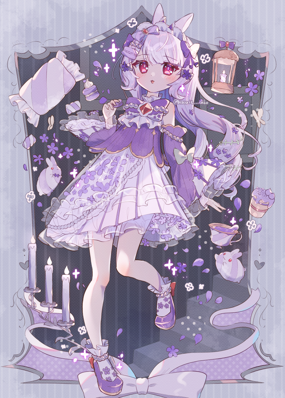 tsukumi bis, original, commentary, highres, symbol-only commentary, 1girl, :d, animal ears, bare shoulders, blush, bow, bowtie, candle, cup, cupcake, detached sleeves, dot nose, food, full body, hair bow, hairband, hand up, long hair, looking at viewer, multicolored hair, open mouth, pleated skirt, purple bow, purple bowtie, purple hair, purple shirt, purple shoes, rabbit ears, rabbit girl, red eyes, shirt, shoes, skirt, sleeveless, sleeveless shirt, smile, socks, solo, standing, standing on one leg, streaked hair, striped background, teacup, twitter username, two-tone hair, vertical-striped background, white hair, white hairband, white skirt, white socks