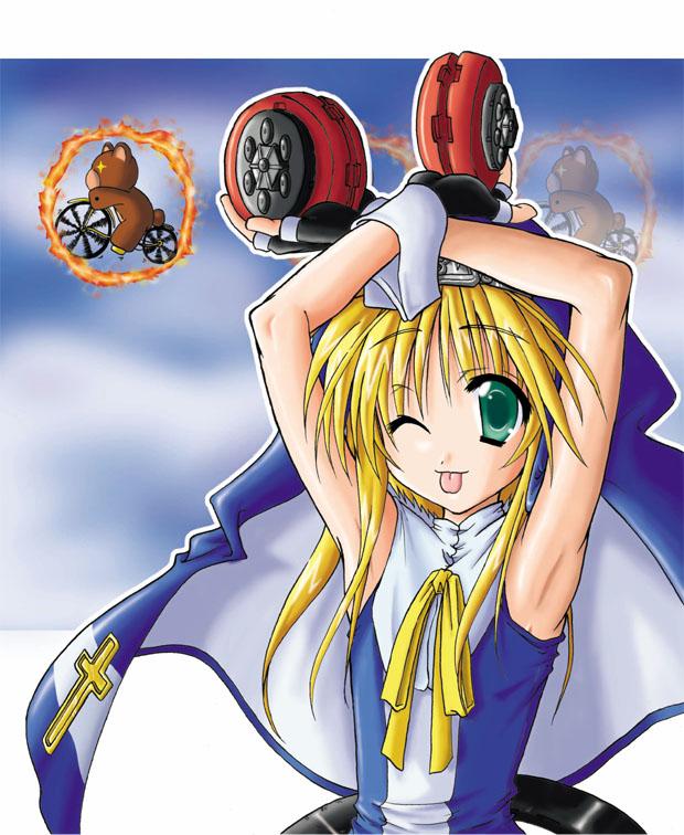 sankaku umako, bridget (guilty gear), arc system works, guilty gear, guilty gear xx, 1boy, armpits, arms up, bicycle, blonde hair, crossdressing, crossdressing (mtf), fingerless gloves, fire, gloves, green eyes, male focus, one eye closed, solo, stuffed animal, stuffed toy, teddy bear, tongue, trap, wink, wrist cuffs, yo-yo