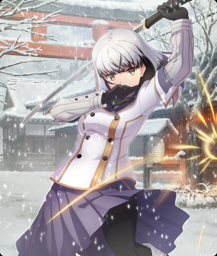 satsuki yomi, toji no miko, toji no miko: kizamishi issen no tomoshibi, game cg, official art, third-party source, 1girl, architecture, arm up, black gloves, black hair, black pantyhose, blue skirt, breasts, brown eyes, building, buttons, colored tips, cowboy shot, dot nose, double-breasted, east asian architecture, gloves, grey hair, grey shirt, hand up, holding, holding sword, holding weapon, jacket, katana, long sleeves, medium breasts, multicolored hair, origami family's special defense team uniform, outdoors, pantyhose, ribbed shirt, shirt, short hair, skirt, snow, snowing, solo, sparks, sword, torii, tree, weapon, white jacket, winter