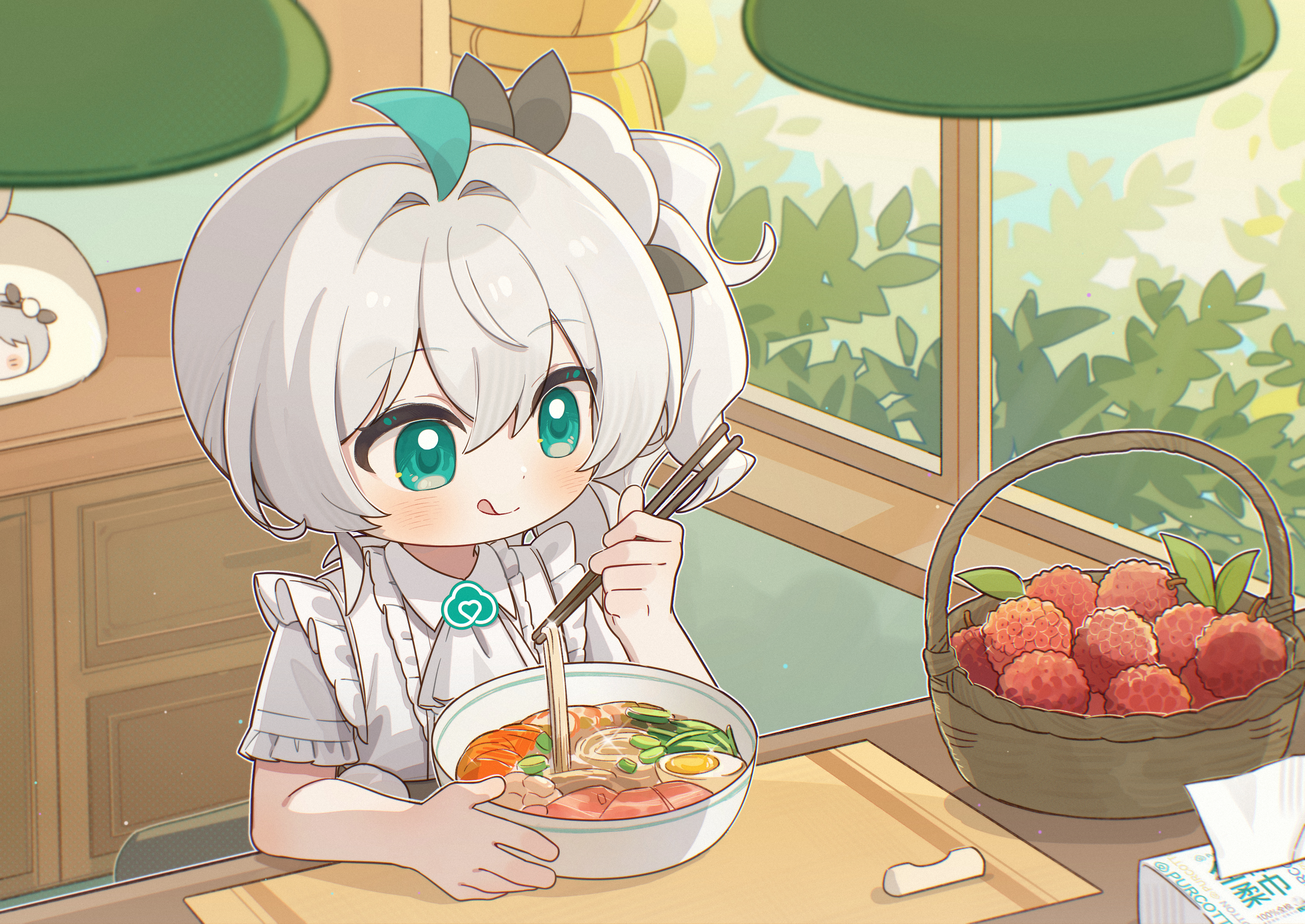 wenxiaomian family, commentary request, highres, 1girl, :q, ahoge, apron, basket, bowl, chair, chopsticks, closed mouth, curtains, egg (food), food, frills, fruit, green eyes, green hair, hair between eyes, holding, indoors, leaf, lychee, noodles, plant, quanmian shidai, shirt, short sleeves, side ponytail, sitting, smile, solo, table, toilet paper, tongue, tongue out, wen xiaomian, white hair, white shirt, window